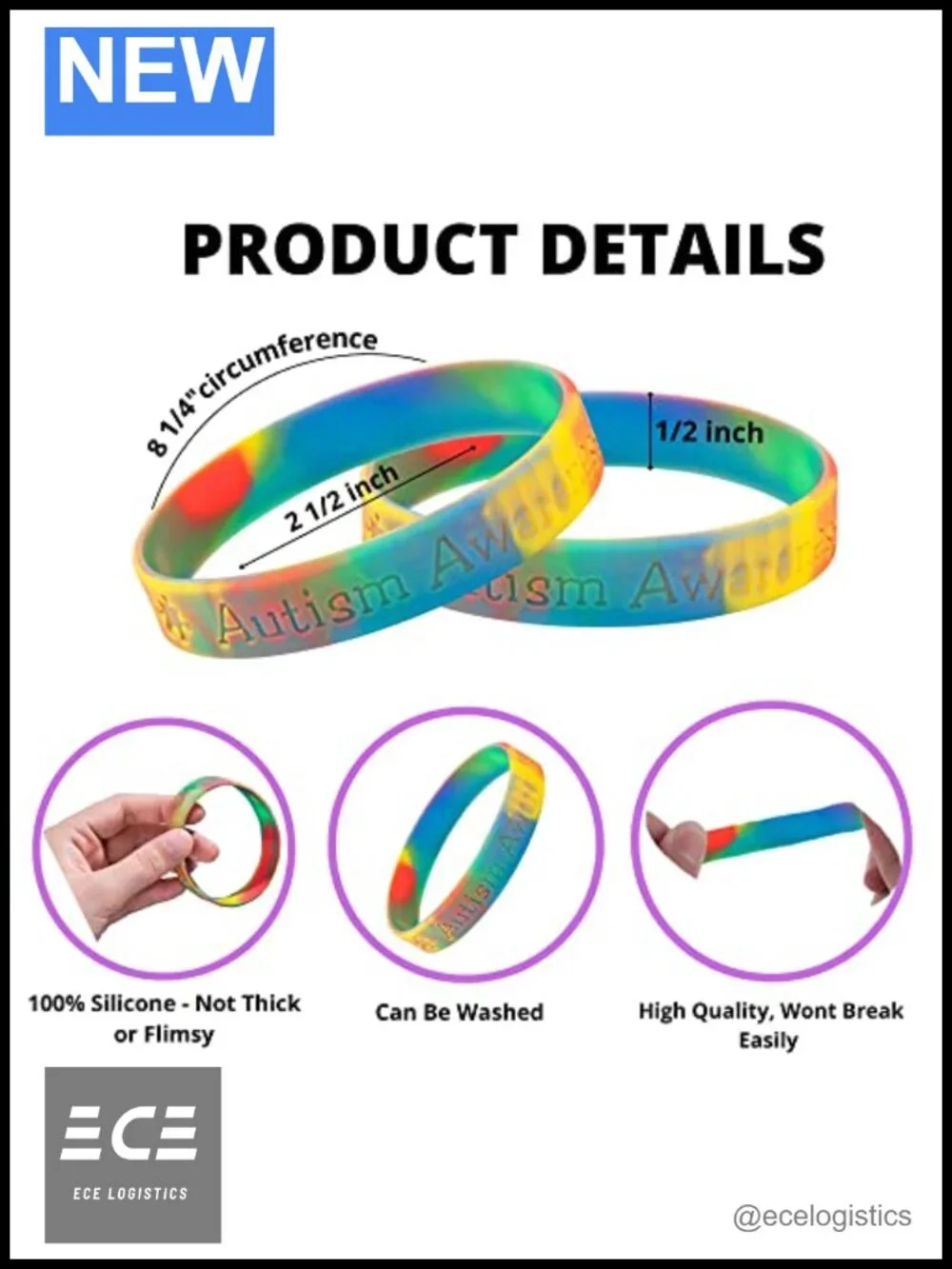 Autism Awareness Silicone Bracelets 50 Pack Adult Size 8.25 In